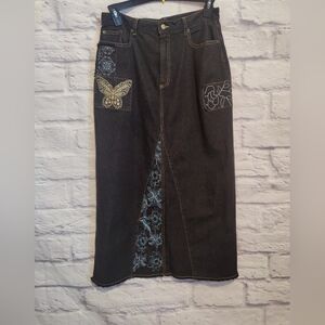 VTG 80s 90s Denim Embroidered  BOHO Fairy Grunge Butterfly Midi Black Skirt